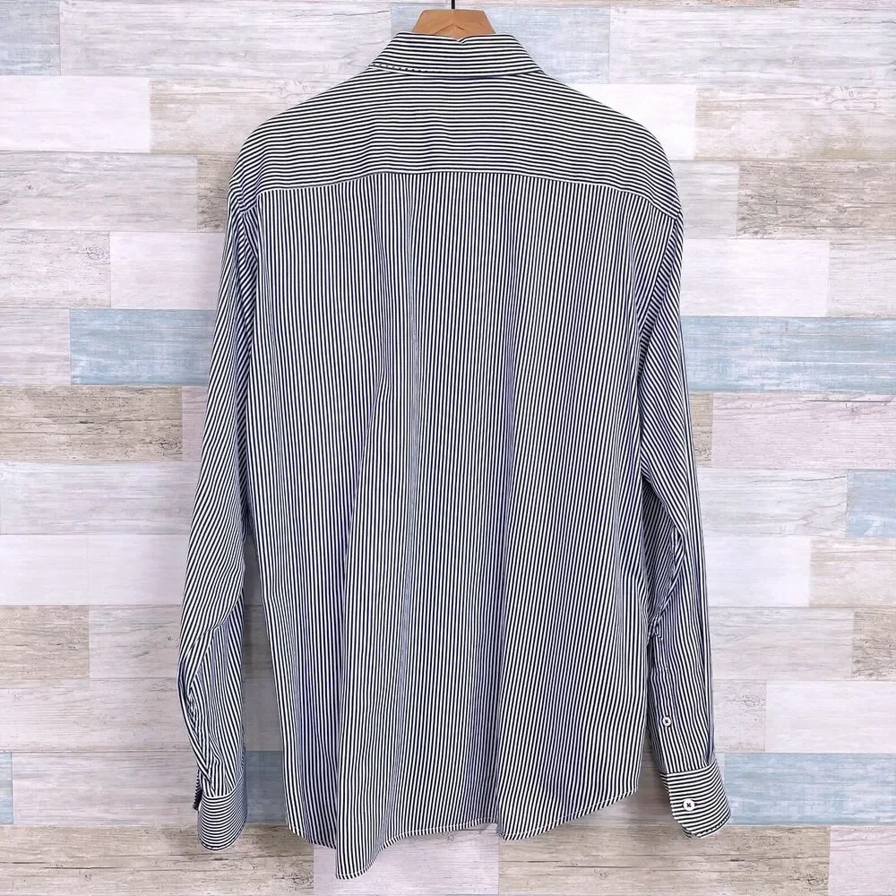 Bugatchi Uomo Floral Embroidered Shirt Blue White Striped Casual Cotton Mens XL